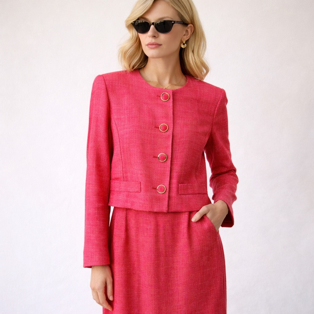 Vintage 70s Petites By Casablanca Salmon Pink Skirt Suit Set Gold Buttons